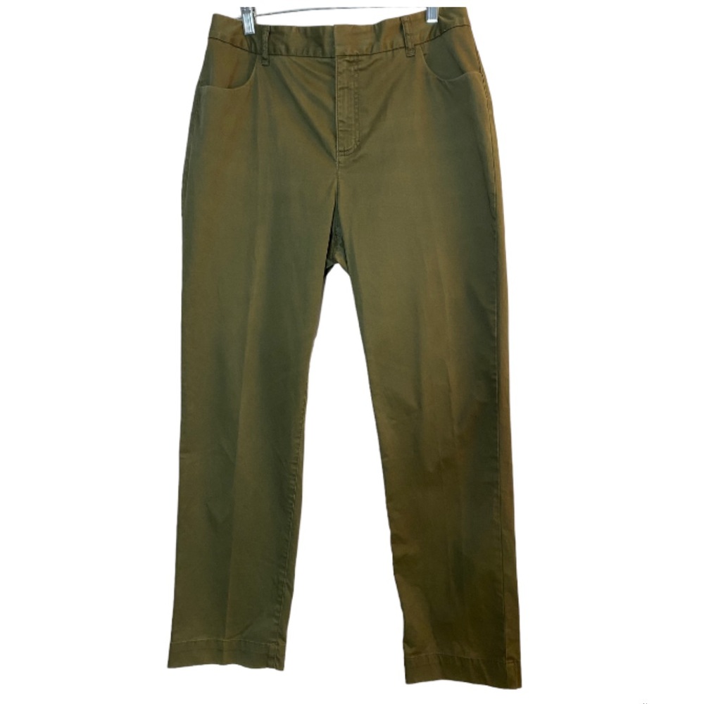 Soft Surroundings Khaki Green Straight Pants Zipper Pockets Cotton Blend Size 10